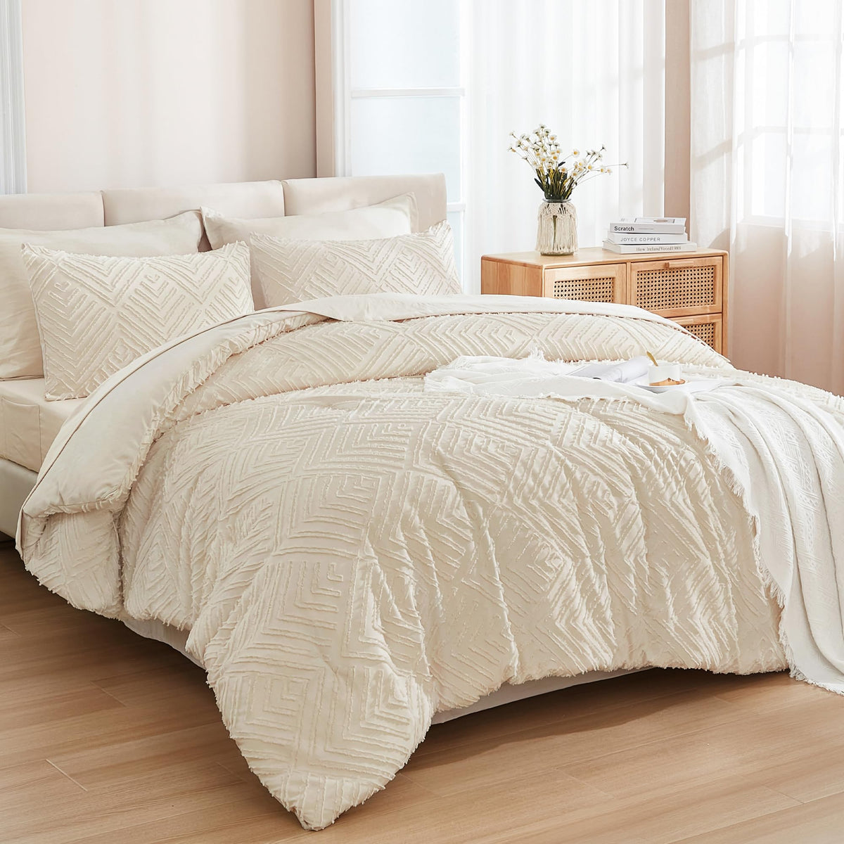 Andency bed-in-a-bag king beige comforter close-up highlighting soft texture and warmth.
