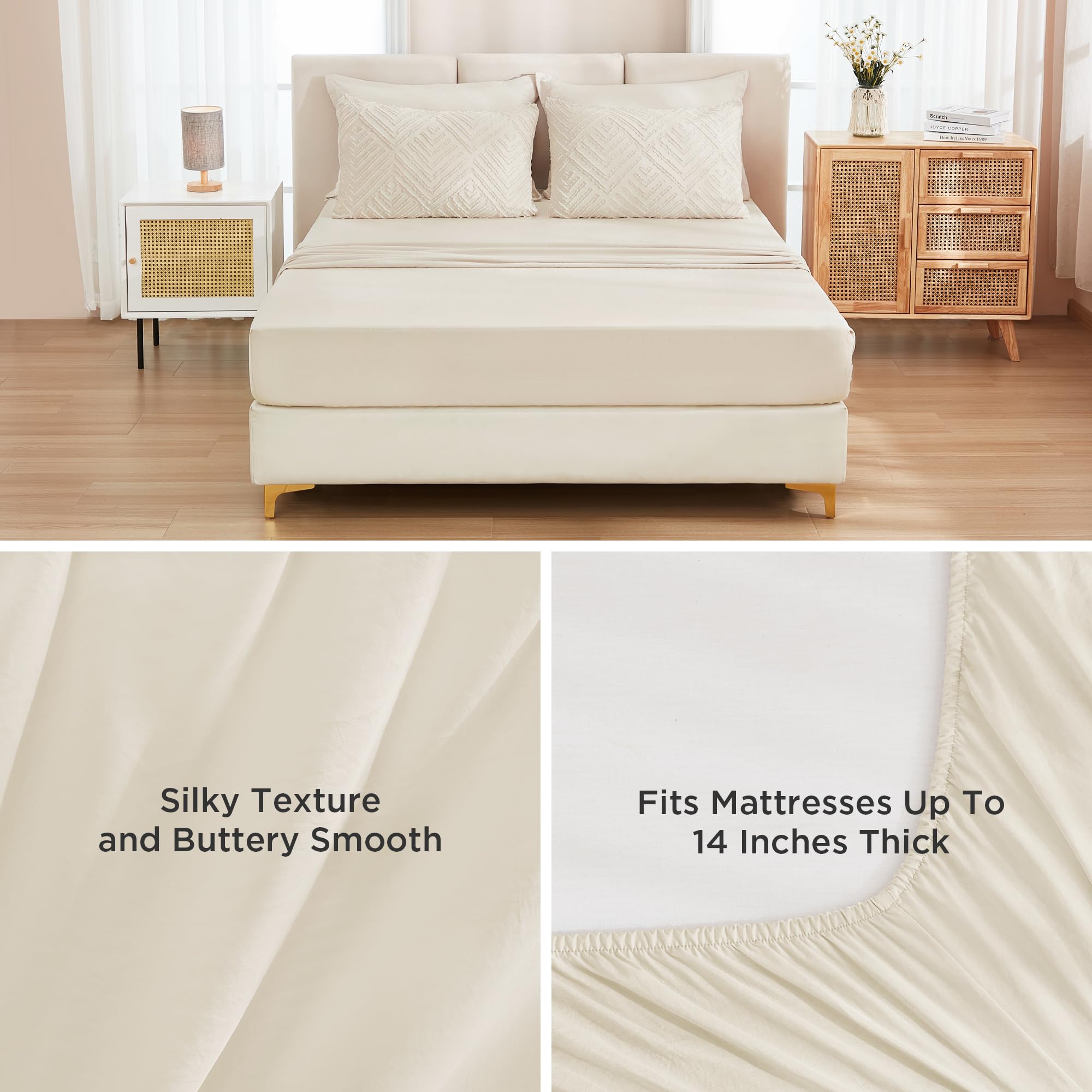 Andency bed-in-a-bag king beige fitted sheet close-up with 14-inch pocket.