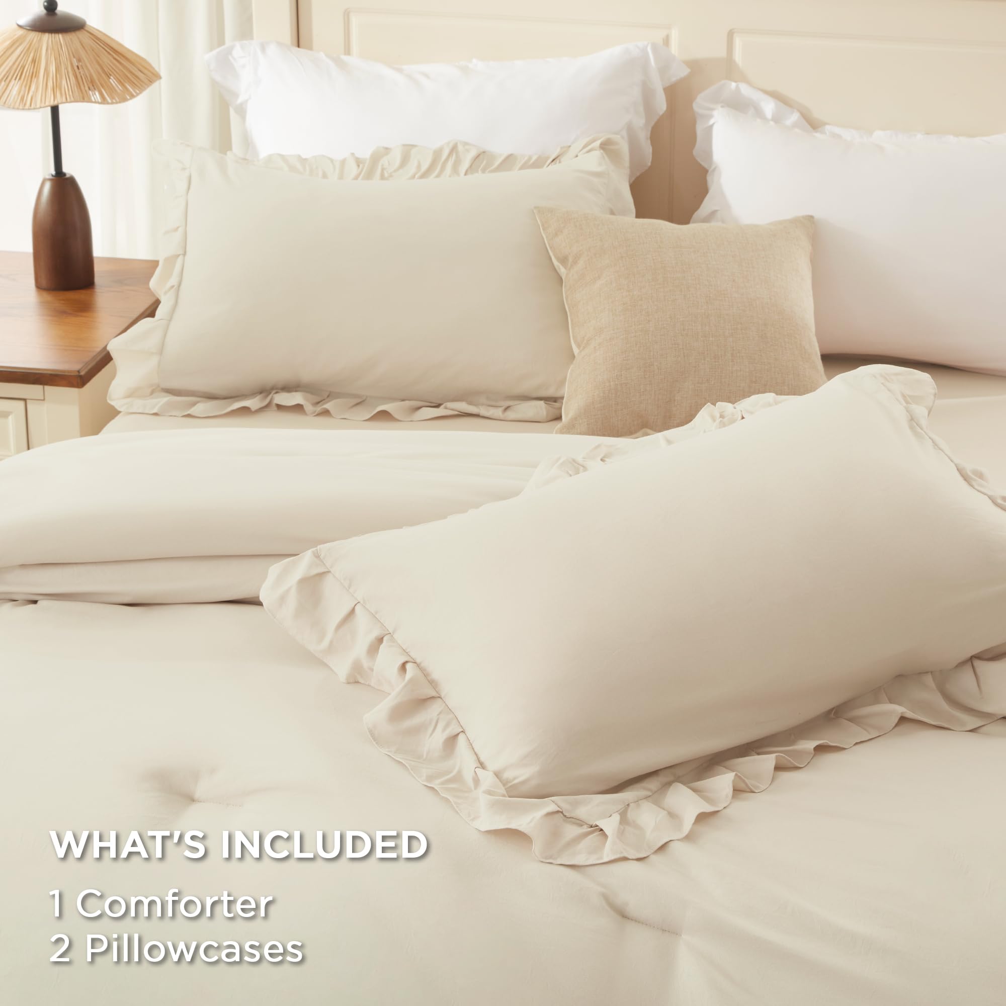 Andency Beige Queen Comforter Set draped on a bed for cozy, chic look.