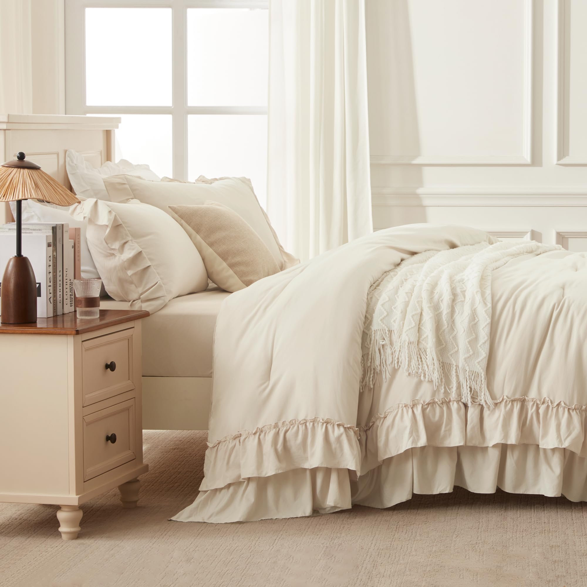 Andency Beige Queen Comforter Set in packaging demonstrating vacuum-sealed delivery.