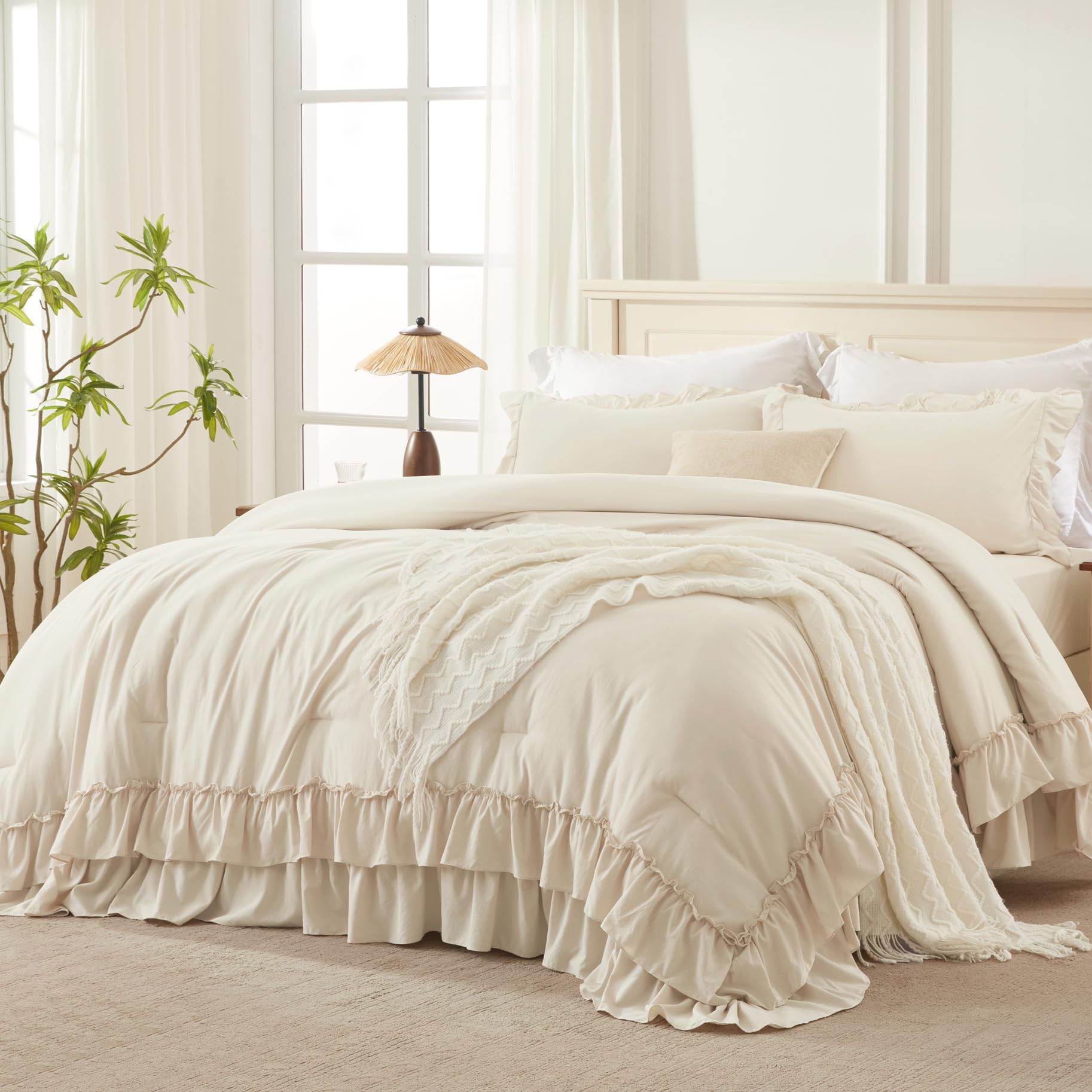 Andency Beige Queen Comforter Set with ruffle detail for elegant bedroom ambience.