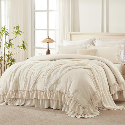 Andency Beige Queen Comforter Set with ruffle detail for elegant bedroom ambience.