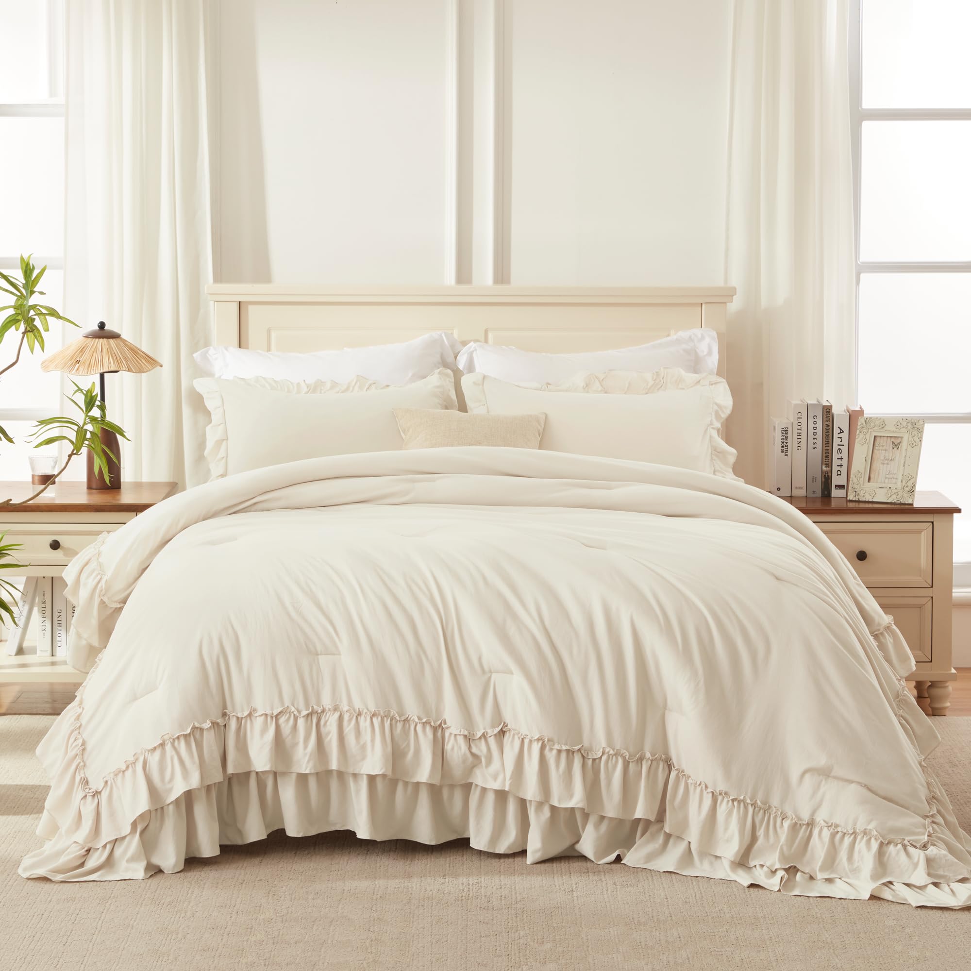 Andency Beige Queen Comforter Set shows stitching at the corner for longevity.
