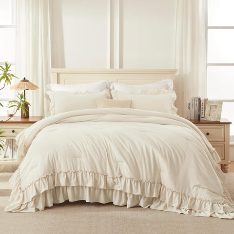 Andency Beige Queen Comforter Set shows stitching at the corner for longevity.