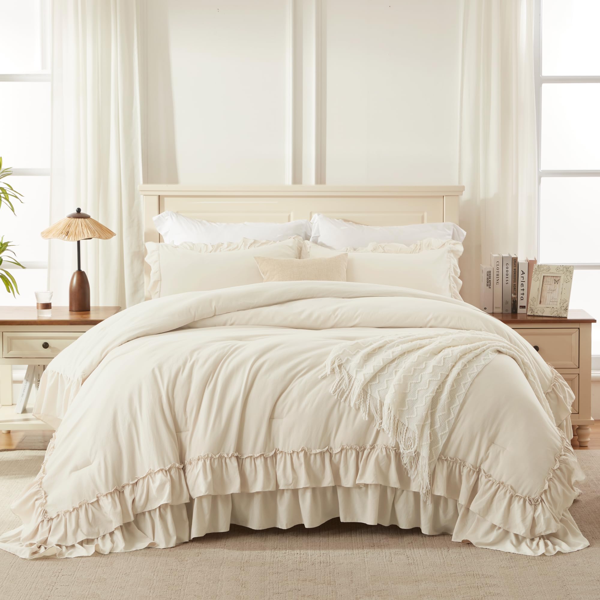 Andency Beige Queen Comforter Set features lightweight soft fabric for all-season comfort.