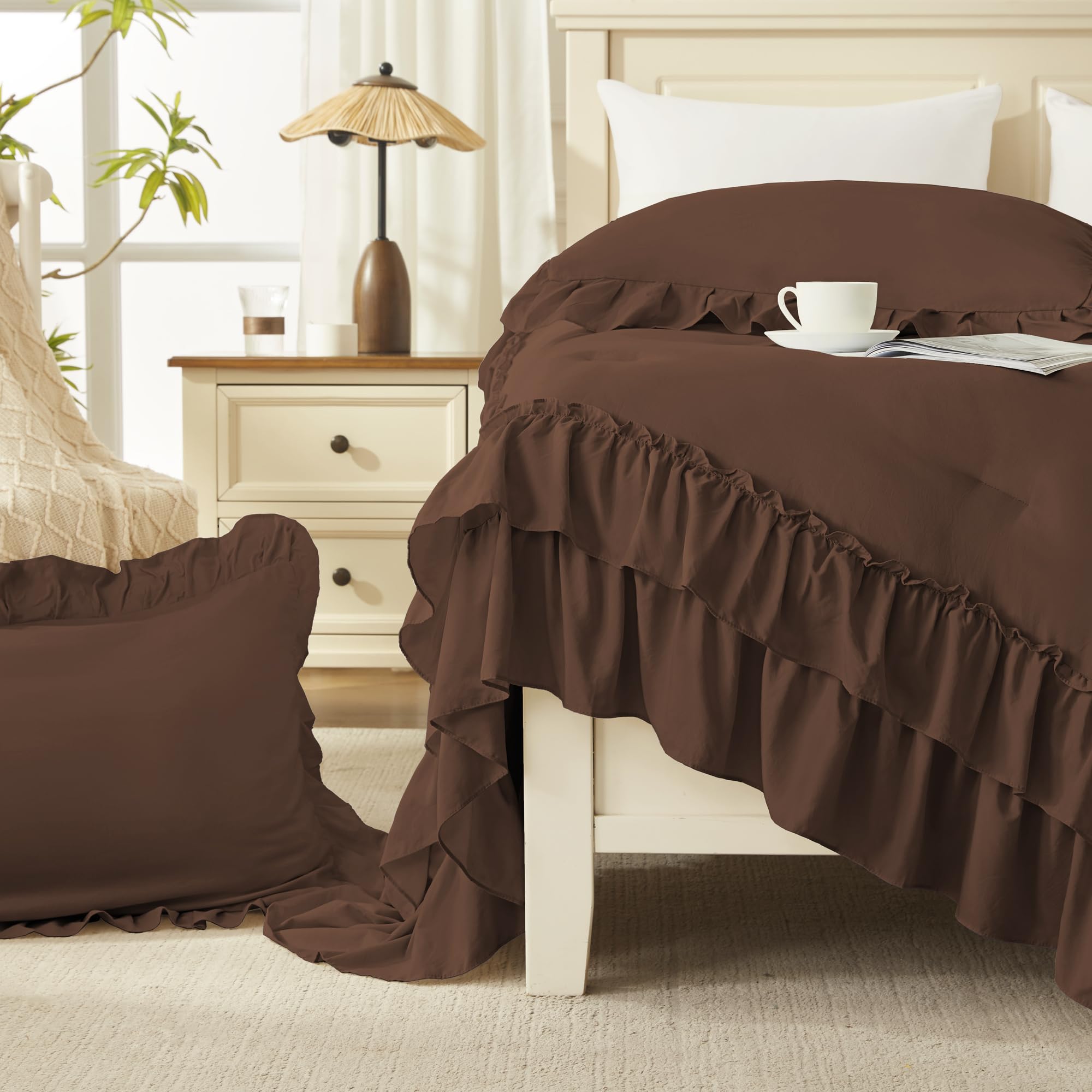 Andency brown queen comforter fabric-closeup shows soft breathable material.