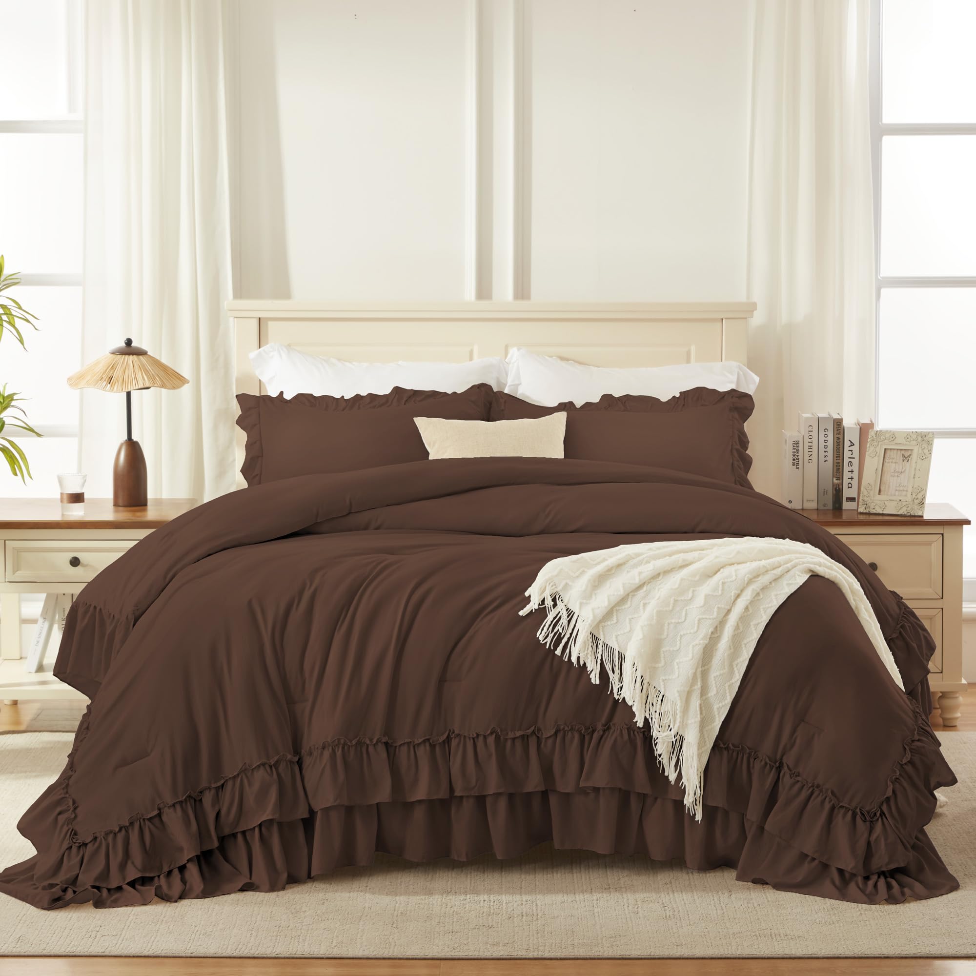 Andency brown queen comforter front-view highlights double ruffle design.