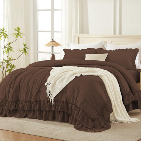 Andency brown queen comforter with ruffle-detail adds elegant texture to the bed.