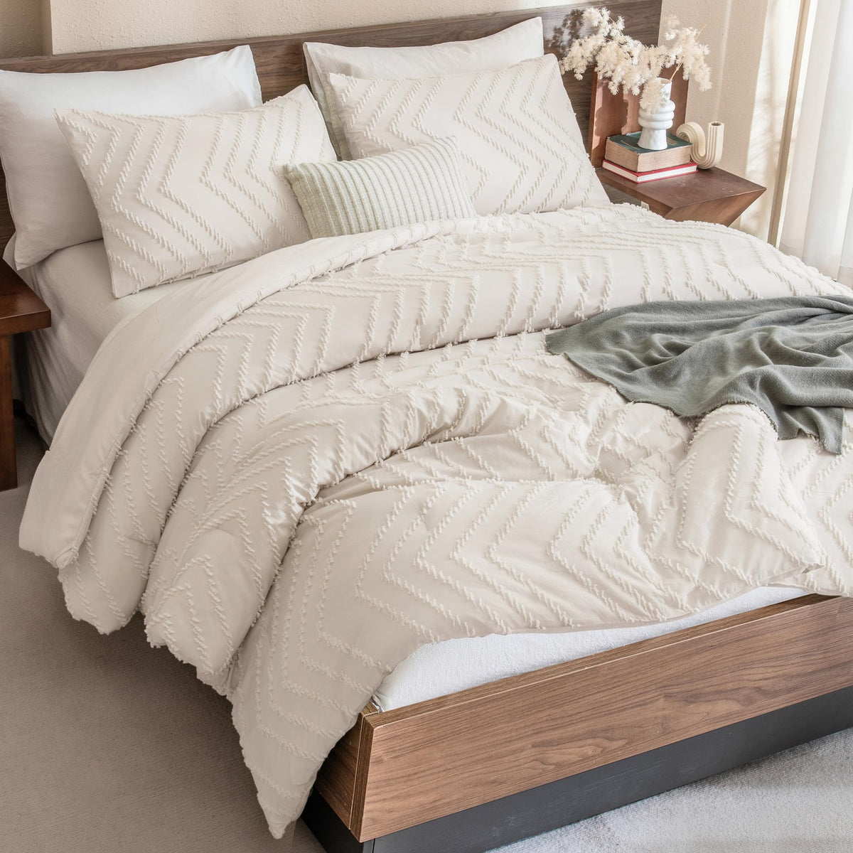 Andency king size beige comforter in a cozy, modern bedroom aesthetic.