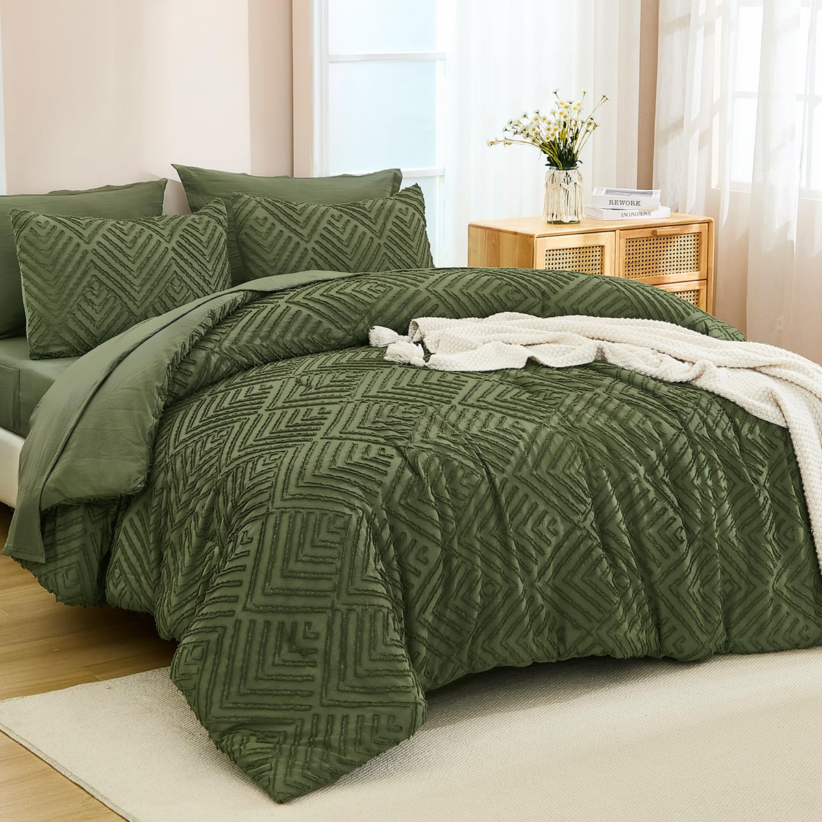 Andency king-size olive green boho texture comforter set for cozy nights