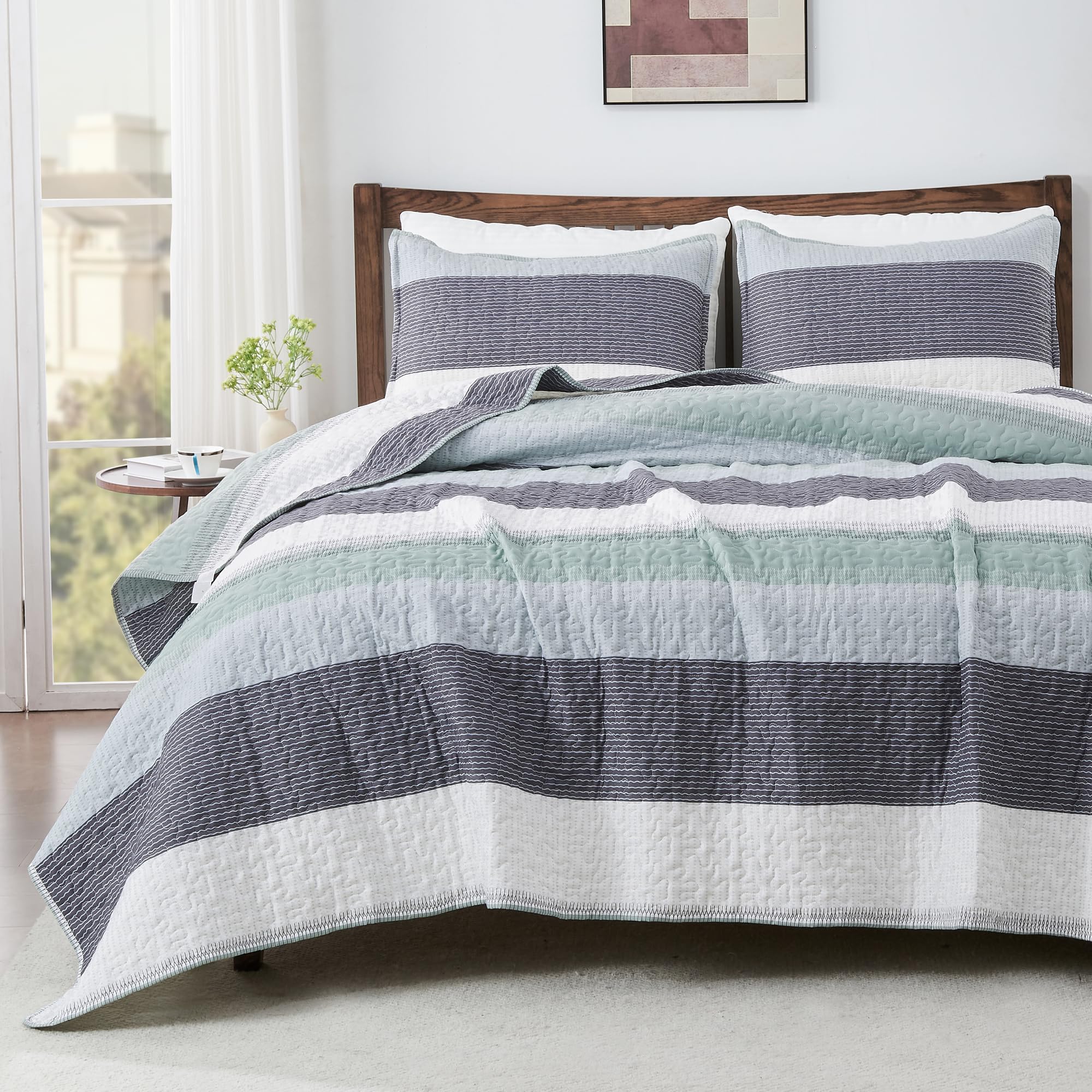 Andency king size quilt set in sage green bedspread adds modern calm to any bedroom.