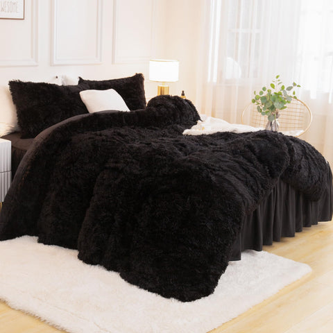 Andency black faux fur close-up highlights fluffy texture and softness.
