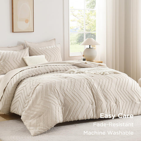 Andency beige comforter fabric is soft polyester for breathable warmth.