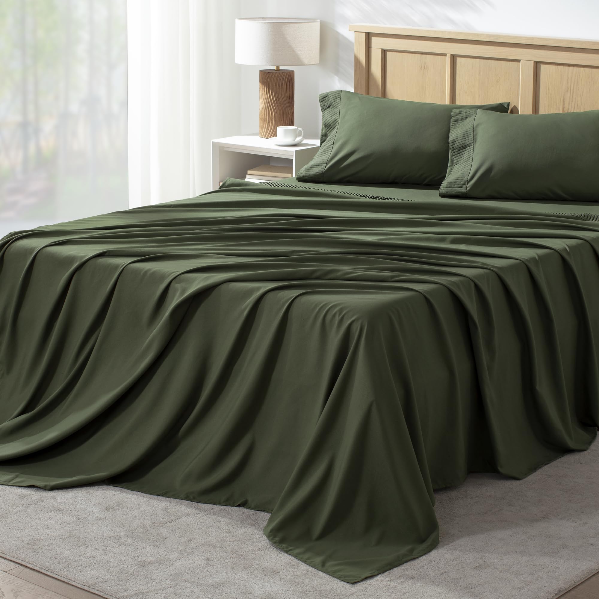 Andency Queen Sheet Set in dark olive green highlights a luxurious bedroom upgrade with soft comfort.
