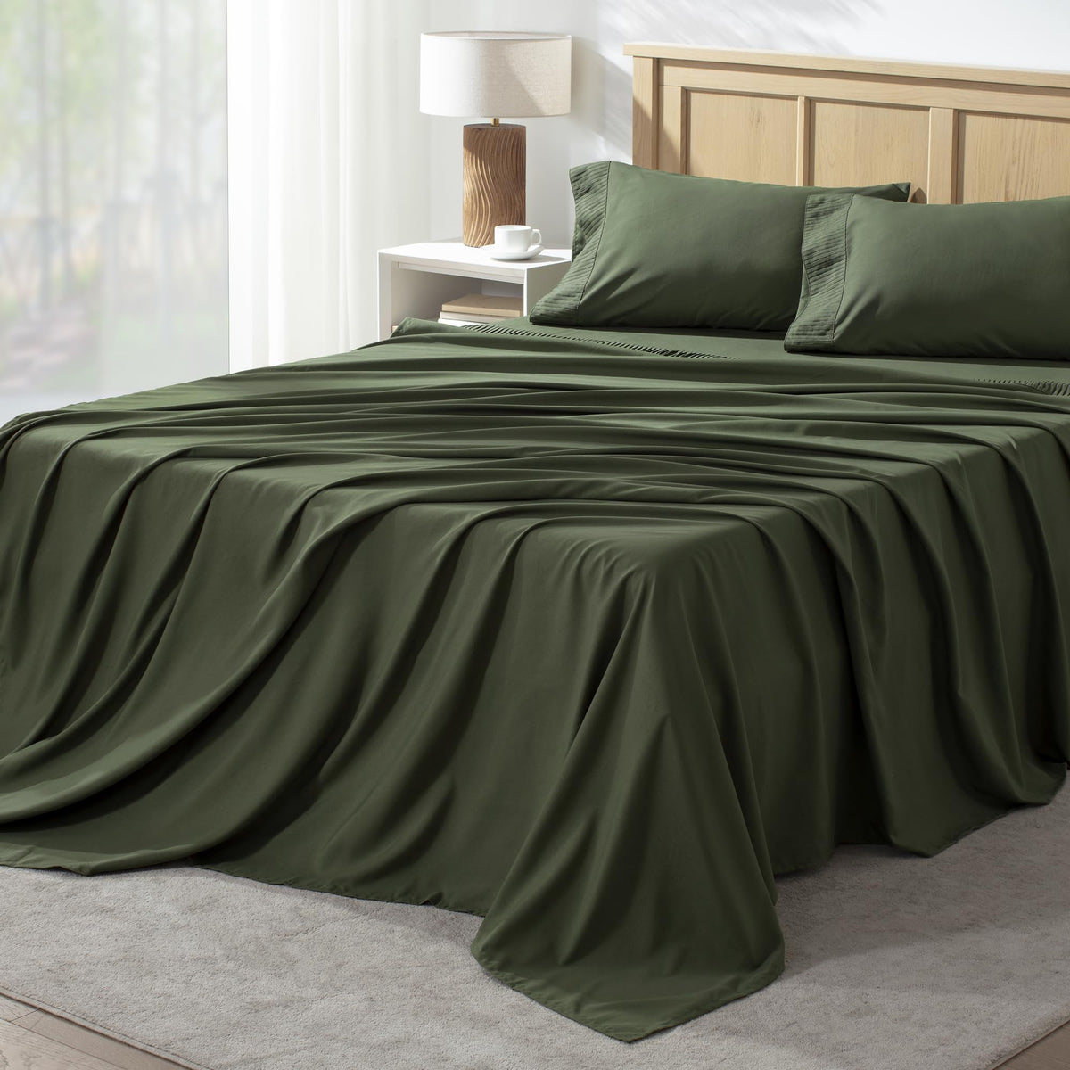 Andency Queen Sheet Set in dark olive green highlights a luxurious bedroom upgrade with soft comfort.