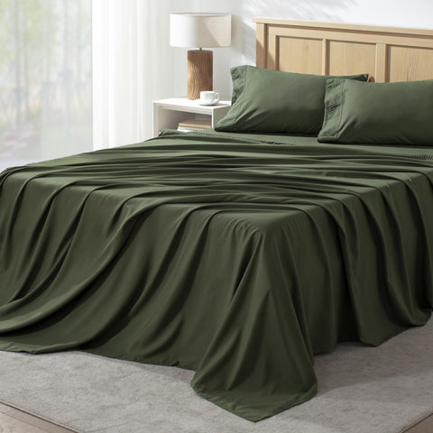Andency Queen Sheet Set in dark olive green highlights a luxurious bedroom upgrade with soft comfort.
