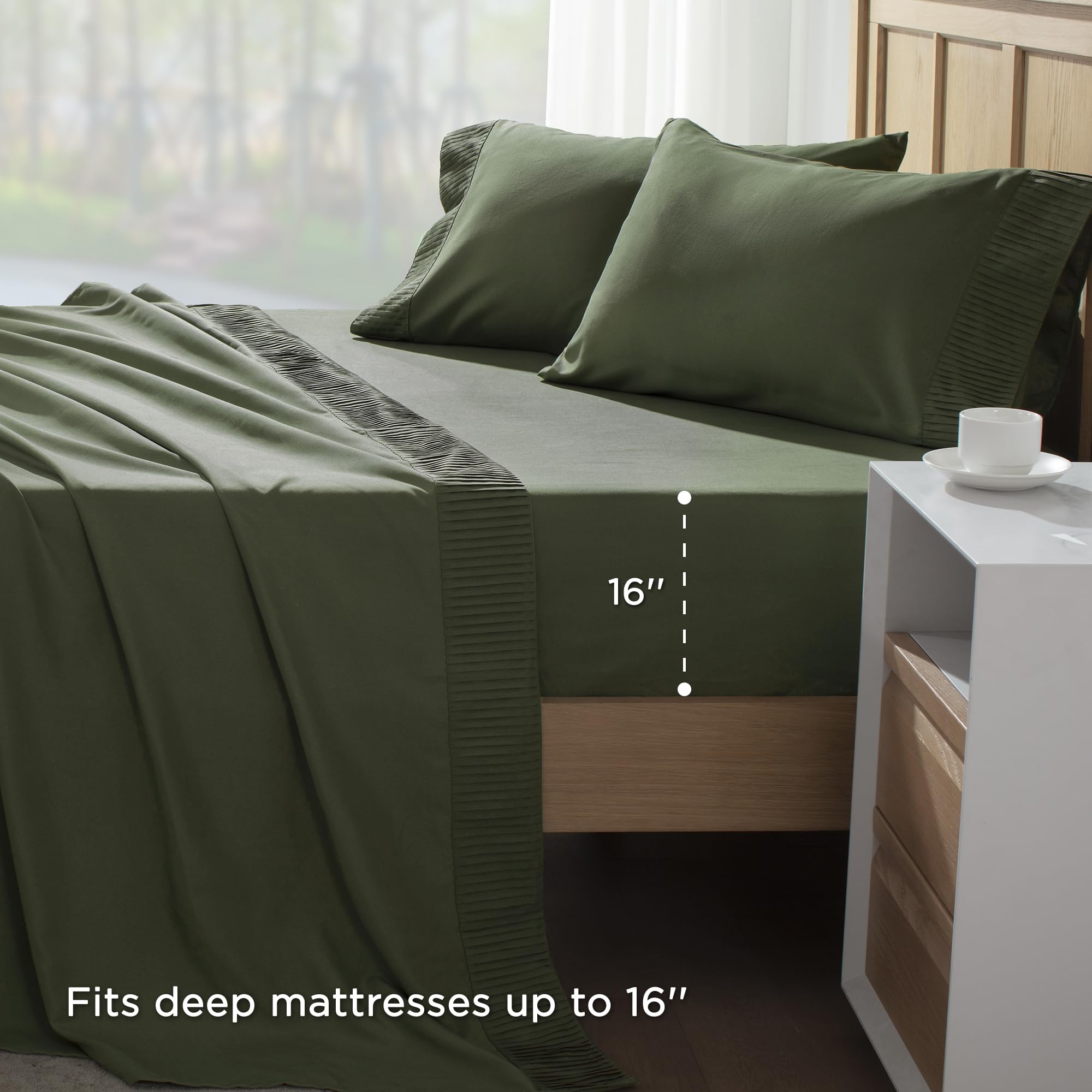 Andency Queen Sheet Set ruched hem design adds elegant detail to pillowcases and sheets.