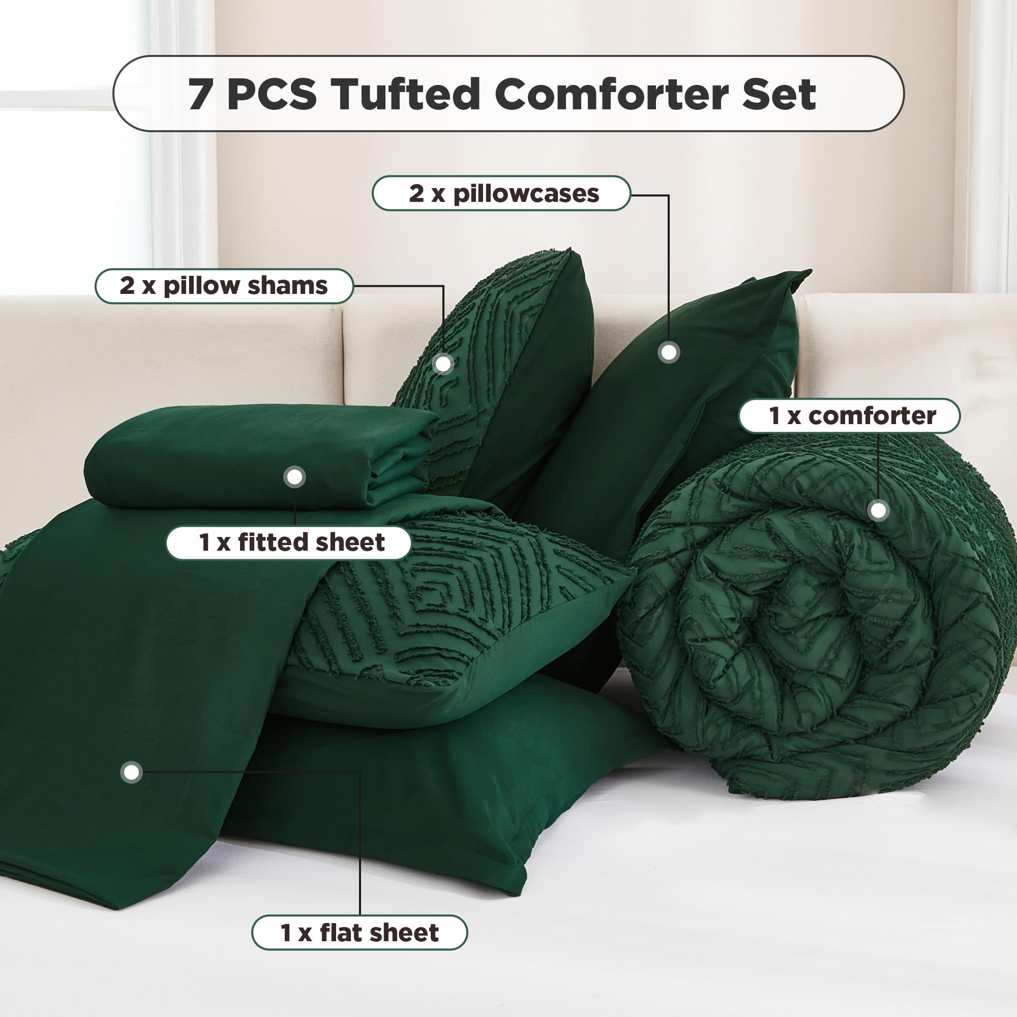 Andency shams in emerald green complete the 7-piece bed-in-a-bag ensemble.