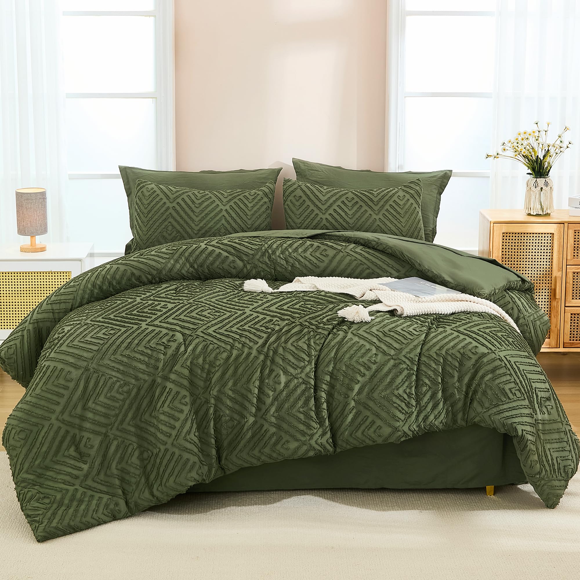 Andency tufted olive green comforter detail adds chic texture to bed