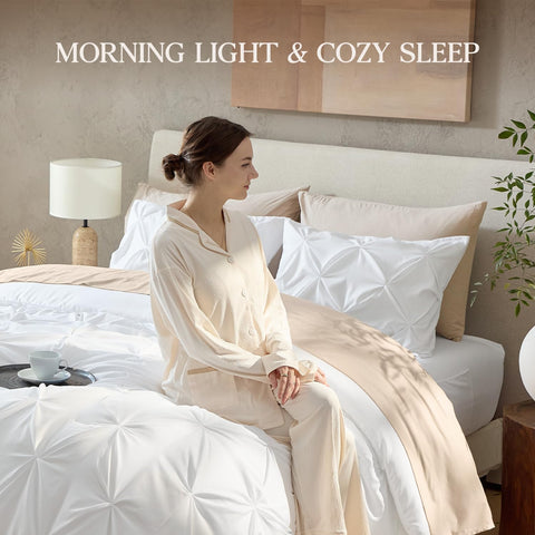 Andency bedding arranged with neutral decor for easy coordination.