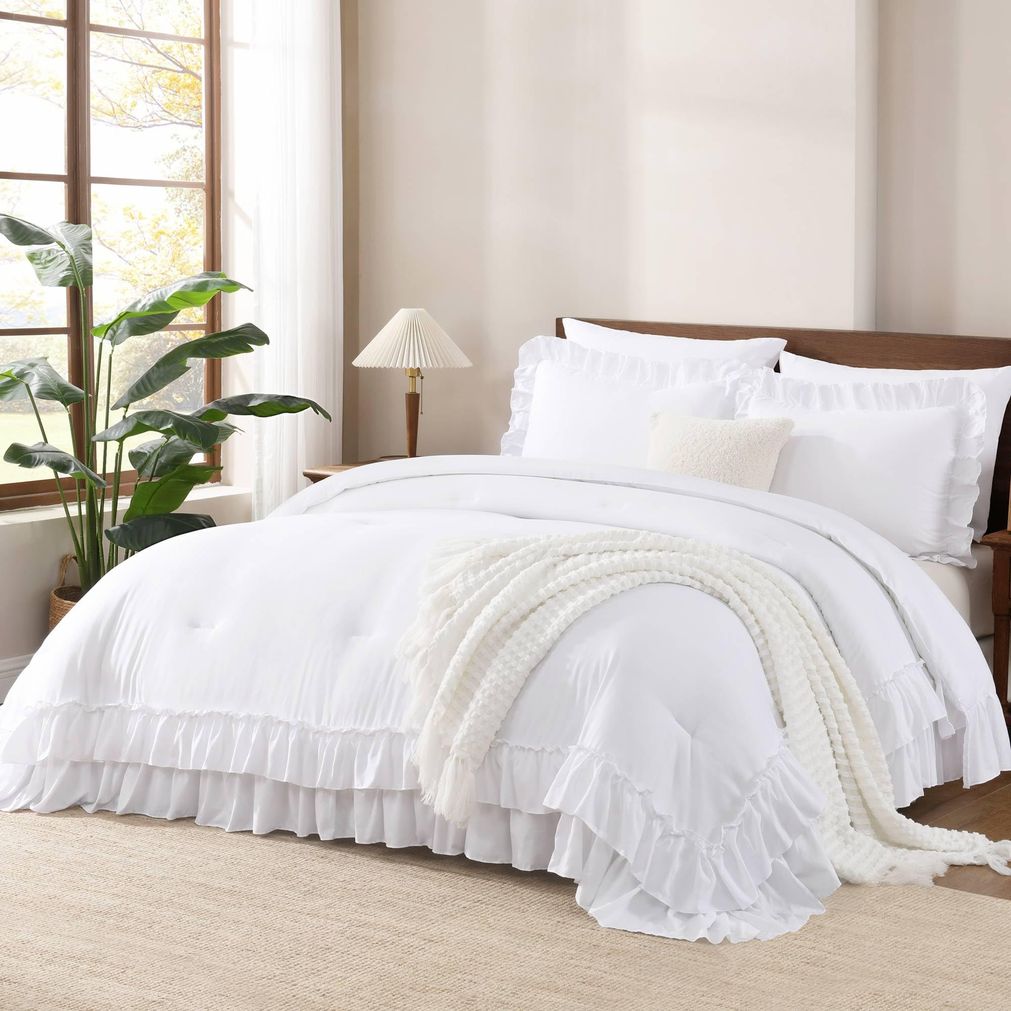 Andency white comforter set ruffle-design enhances elegant texture for the queen bed.