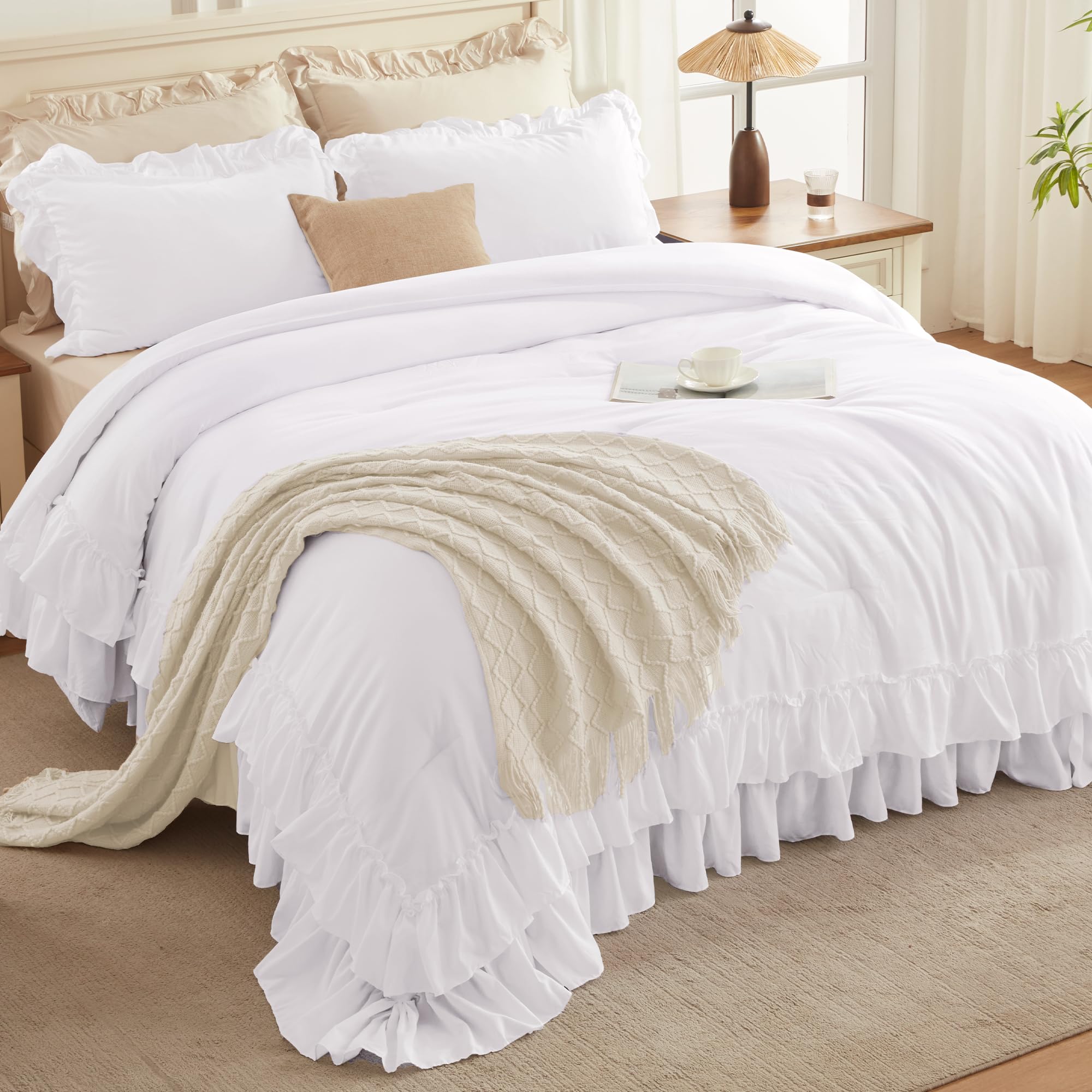 Andency white comforter set ruffle-pillowcases provide coordinated elegance for a stylish room.