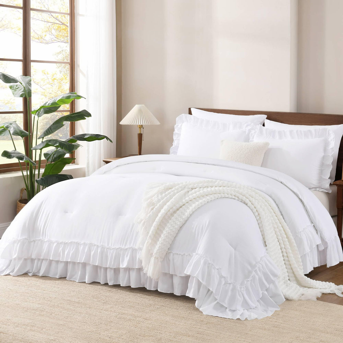 Andency white ruffle comforter set on a king bed with versatile decor ideas