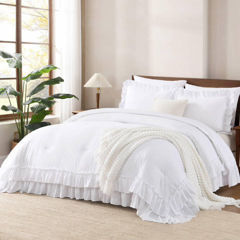 Andency white ruffle comforter set on a king bed with versatile decor ideas