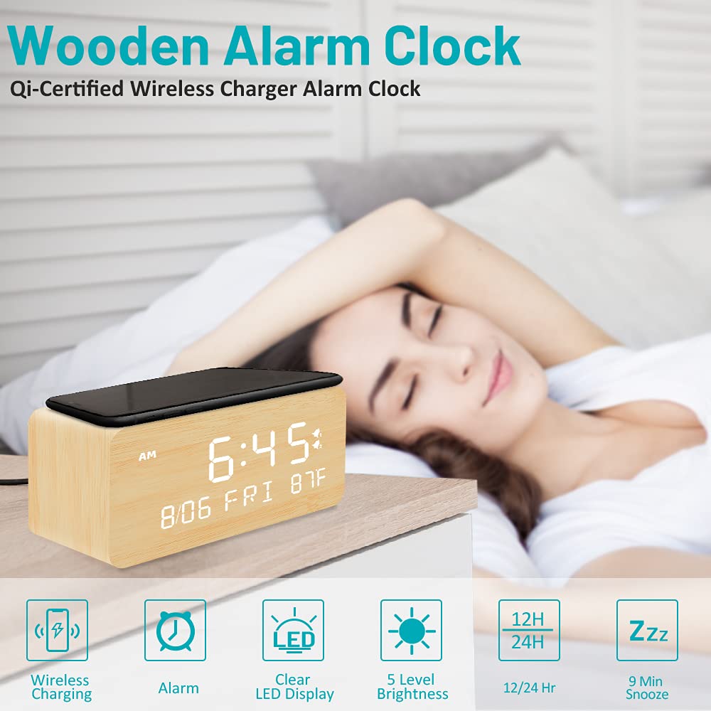 Close-up of Andoolex bamboo wood grain dial for a stylish bedside presence.