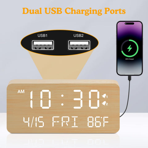 Andoolex dual USB ports enable charging multiple devices from the clock.