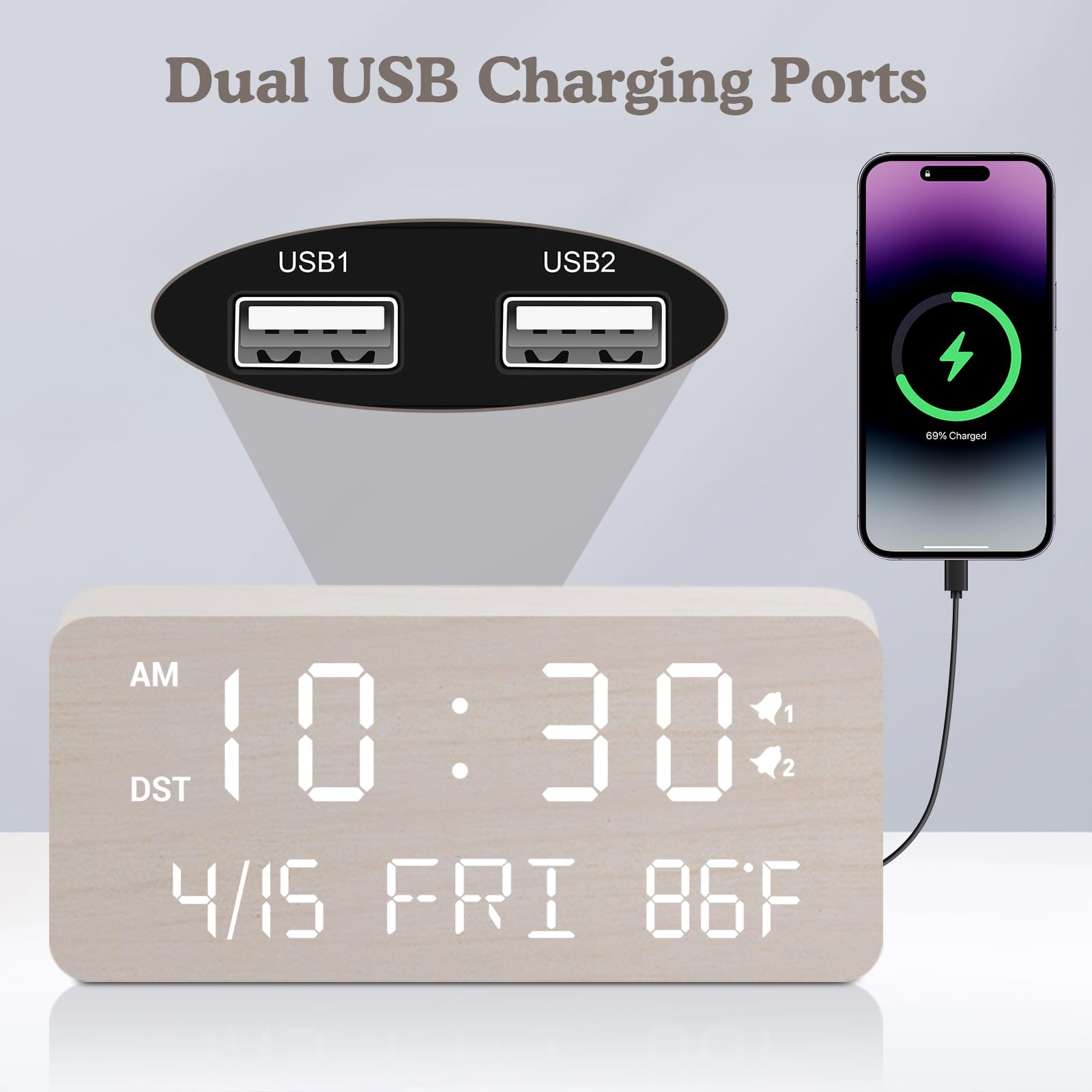 Andoolex clock features dual USB ports for convenient bedside charging.