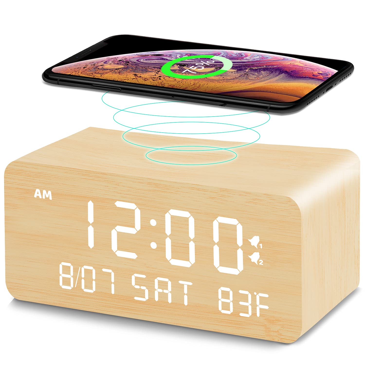 Andoolex wooden digital alarm clock with wireless charging on a nightstand, clutter-free charging.