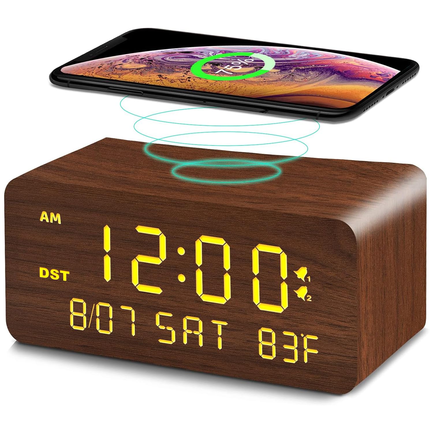 Andoolex wooden digital alarm clock with warm wood grain for a cozy bedside centerpiece.