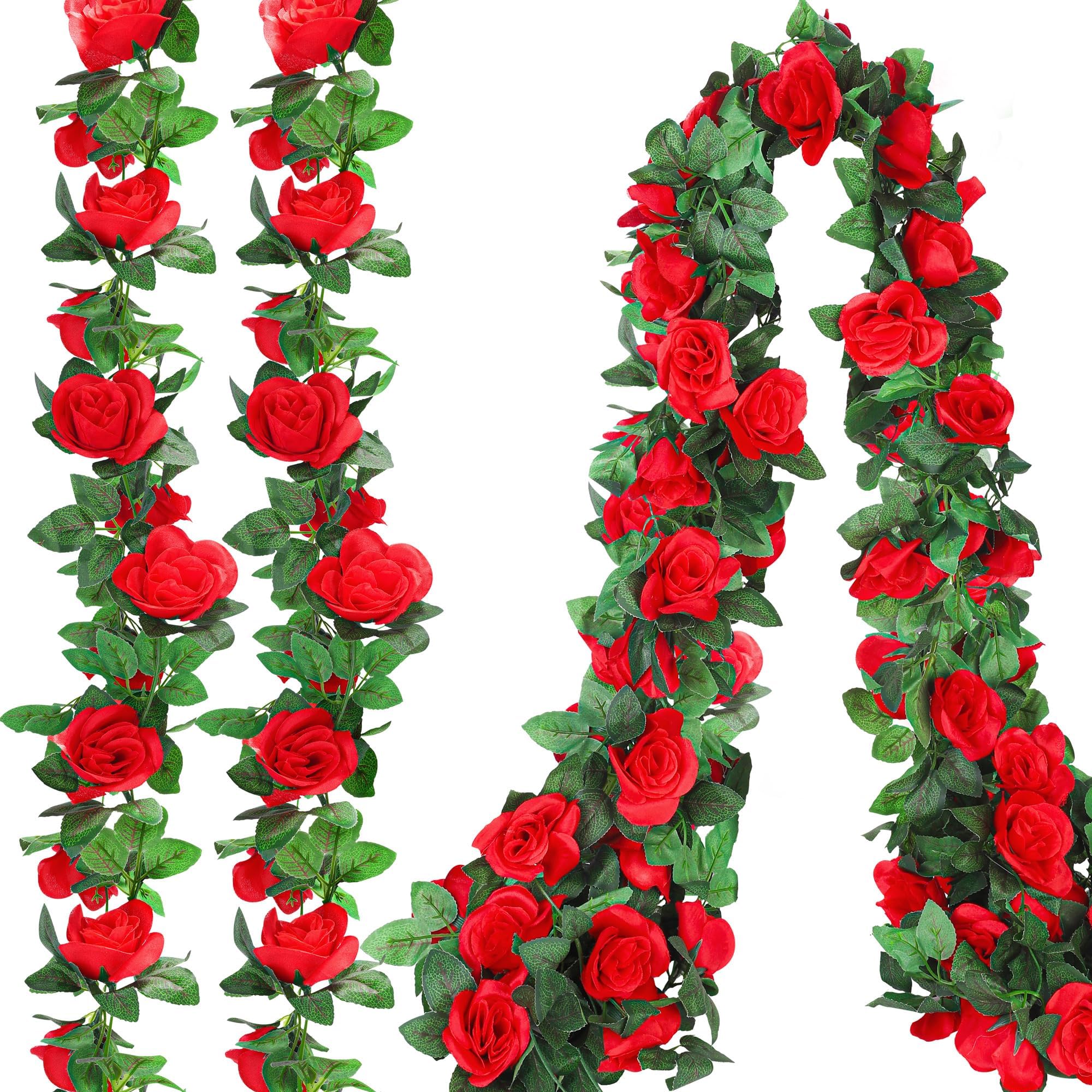 Aneco 8ft red rose garland with blooms for festive decor.