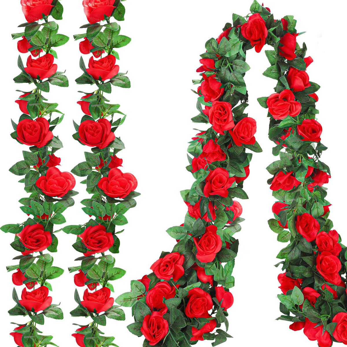 Aneco 8ft red rose garland with blooms for festive decor.