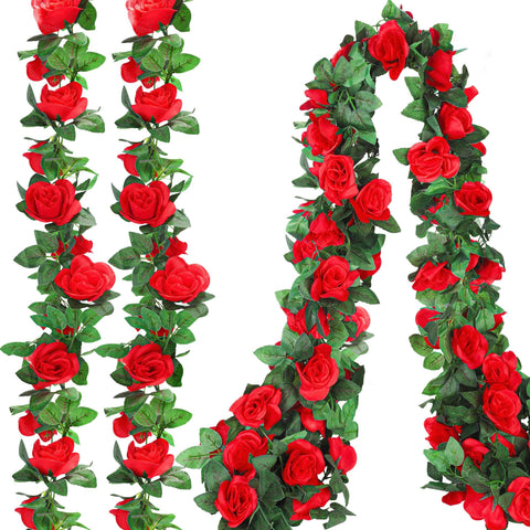 Aneco 8ft red rose garland with blooms for festive decor.