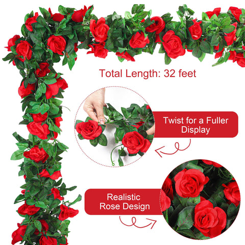 Aneco red rose vines draped on a wall for venue styling.