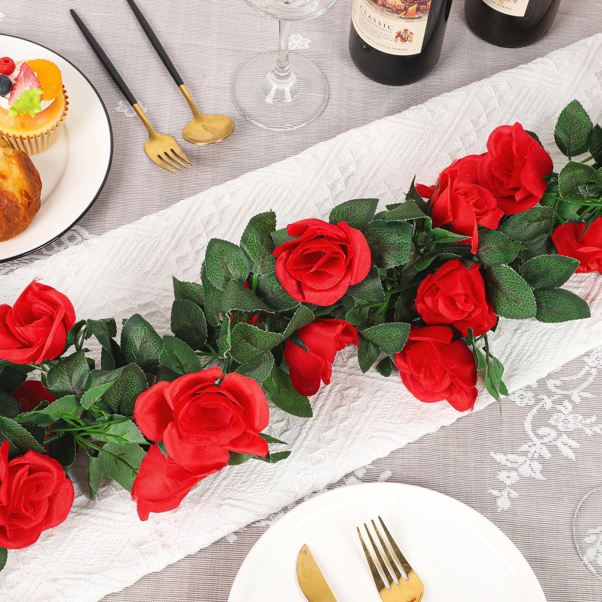 Wedding backdrop using Aneco rose garlands for romantic ambiance.