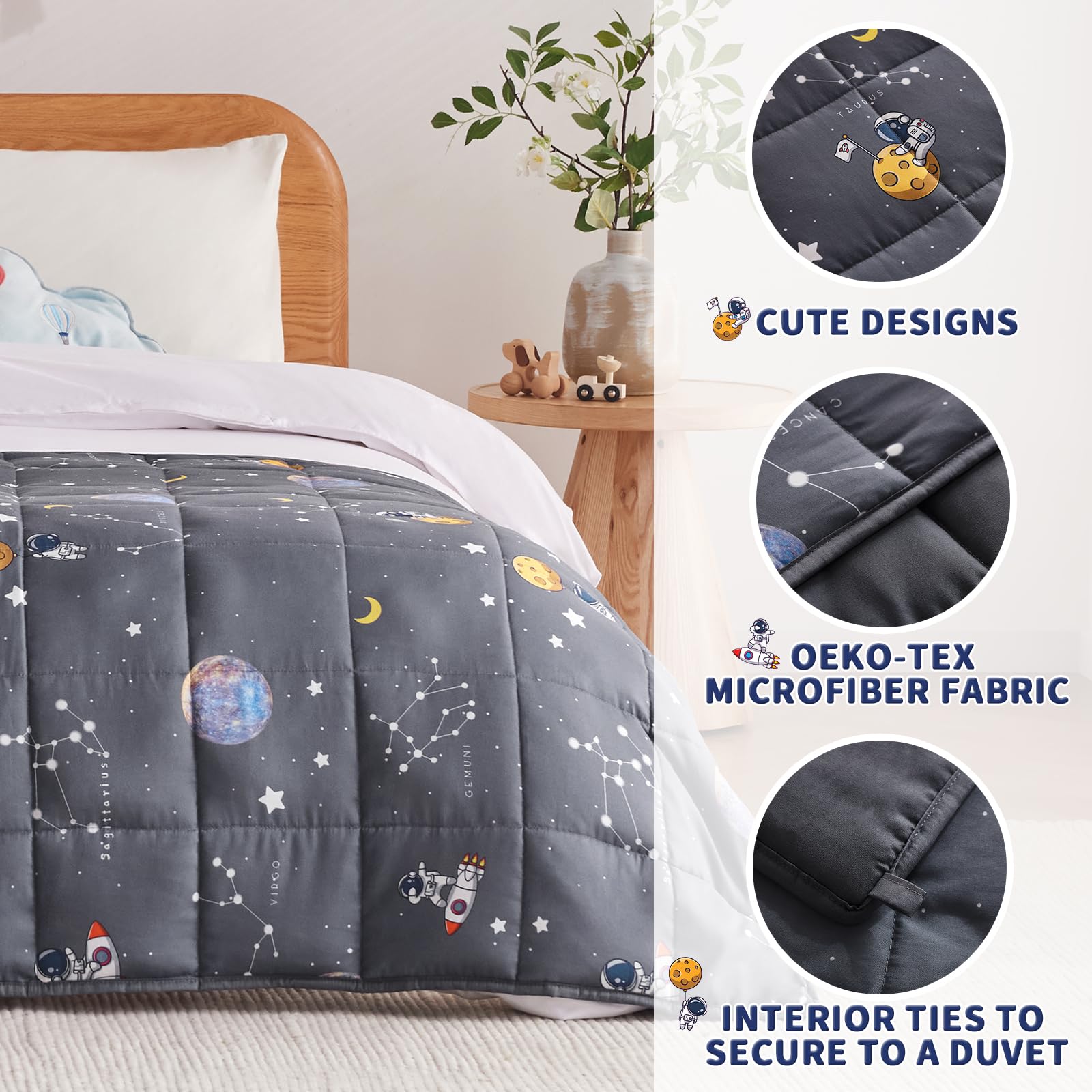 Anfie weighted blanket kids dinosaur design in space-grey provides comforting pressure for rest