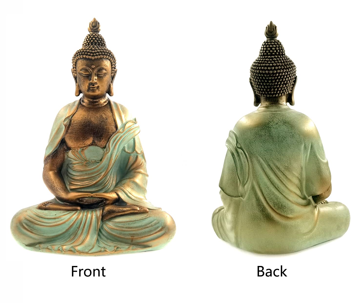 Angel Shine gold Buddha statue fits easily in home or office decor for serene ambience.