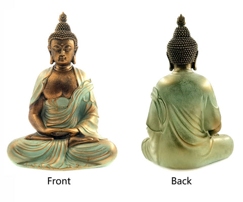 Angel Shine gold Buddha statue fits easily in home or office decor for serene ambience.