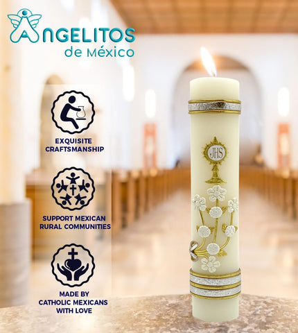 Angelitos de Mexico Blessed Light candle side view highlights exclusive design for First Communion.