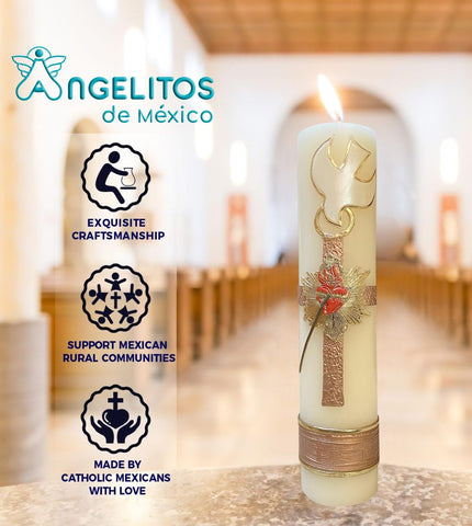Angelitos de Mexico confirmation candle supports devotion during sacred rites.