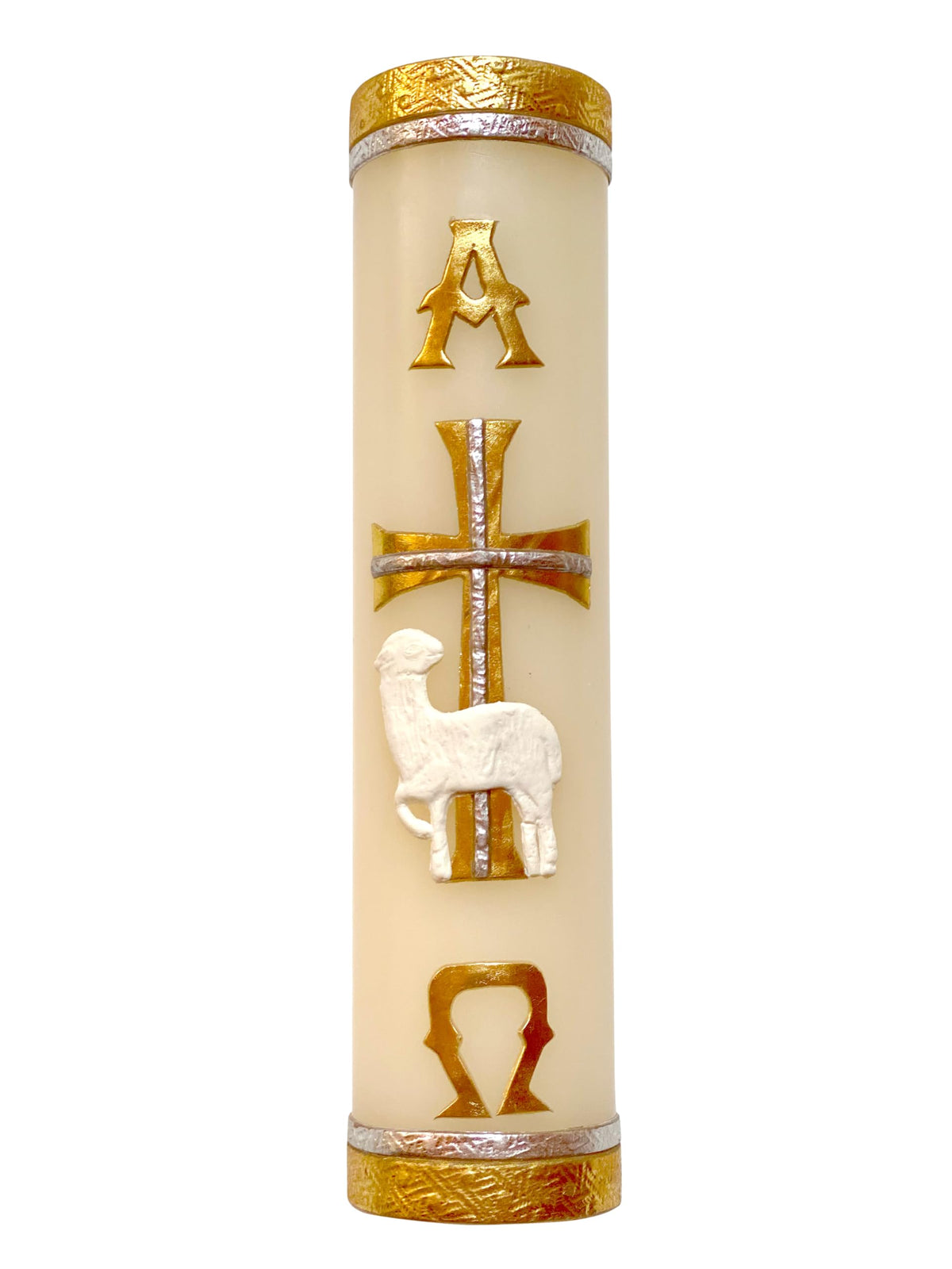 Angelitos de Mexico Paschal Candle alpha omega cross image, enhances Easter ceremonies with reverent symbolism.