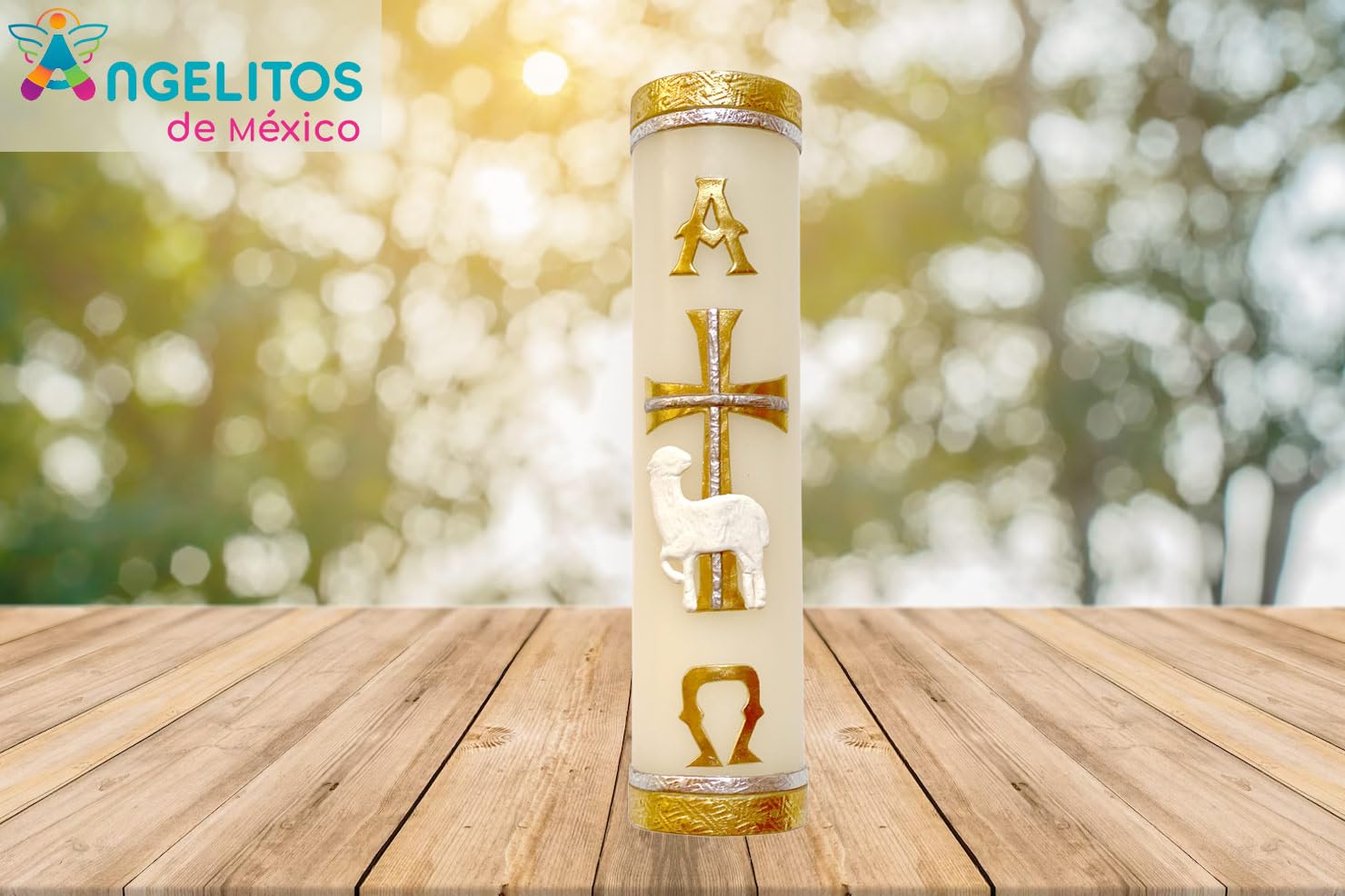 Angelitos de Mexico Paschal Candle handmade detail cross image, beautifully crafted for ceremonial use.