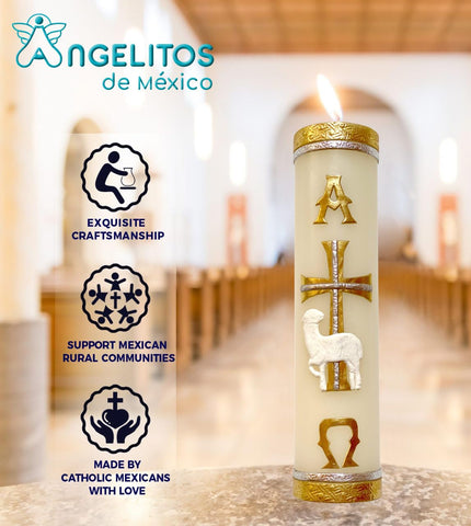 Angelitos de Mexico Paschal Candle sheep motif image, adds a sacred focal point for baptisms and vigils.