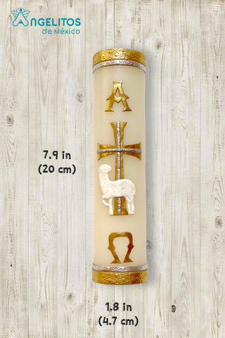Angelitos de Mexico Paschal Candle vibrant red wax image, creates warm ambiance during holy celebrations.