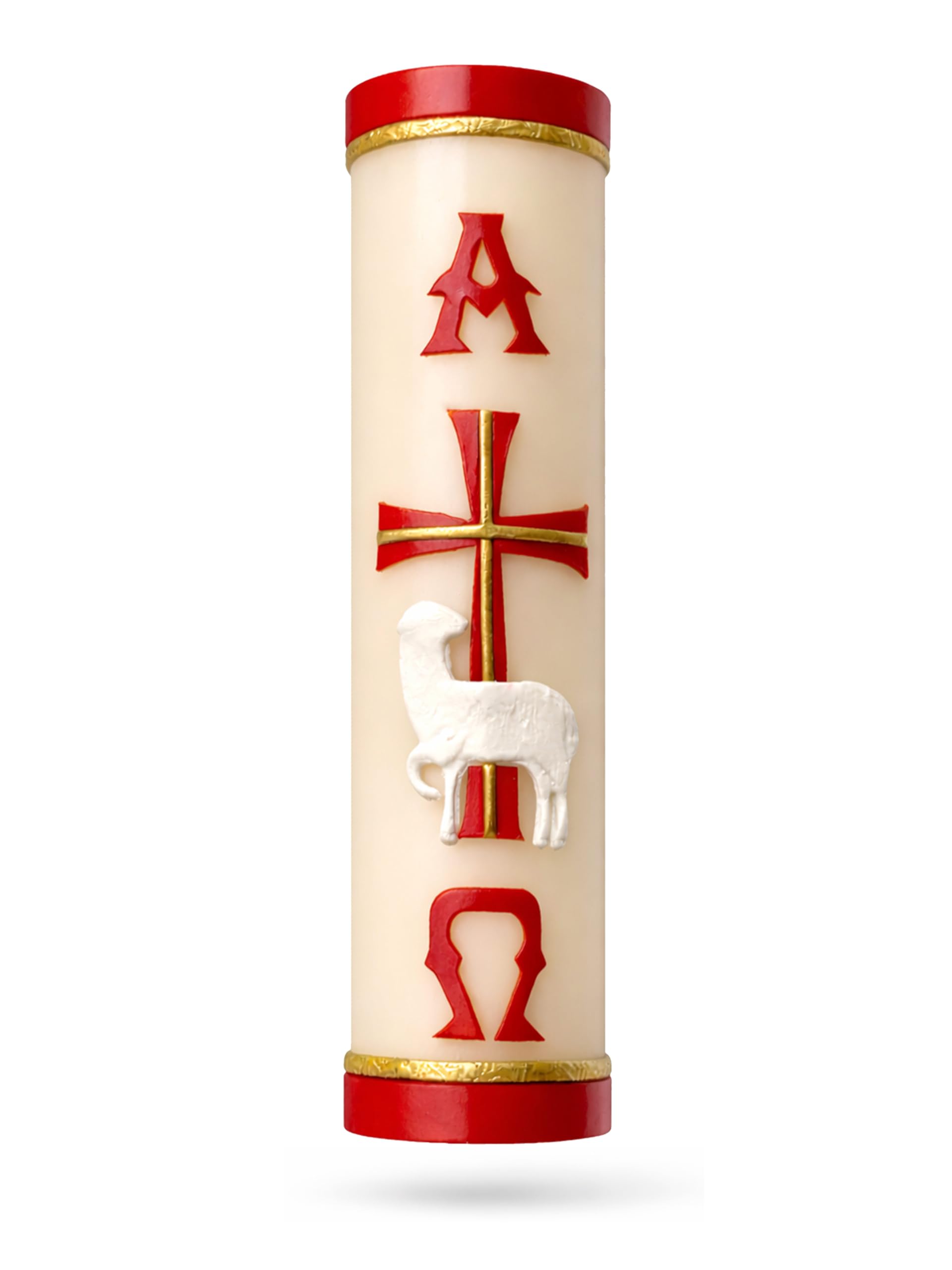 Angelitos de Mexico Paschal Red Candle Alpha Omega cross for Easter liturgy.