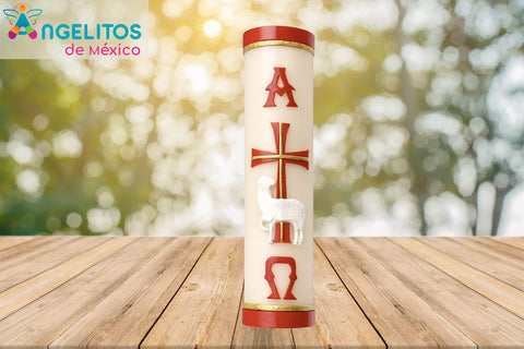 Angelitos de Mexico Paschal Red Candle creamy wax with red relief highlights devotion.