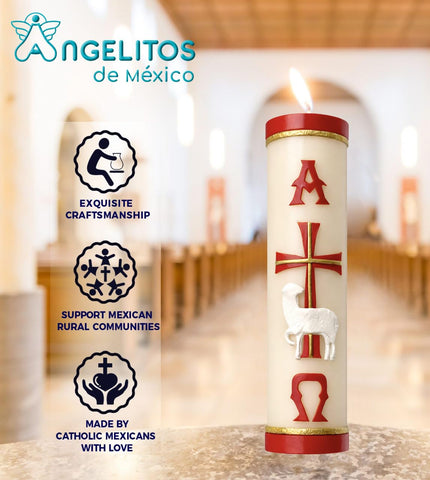 Angelitos de Mexico Paschal Red Candle cross detail enhances sacred ceremonies.